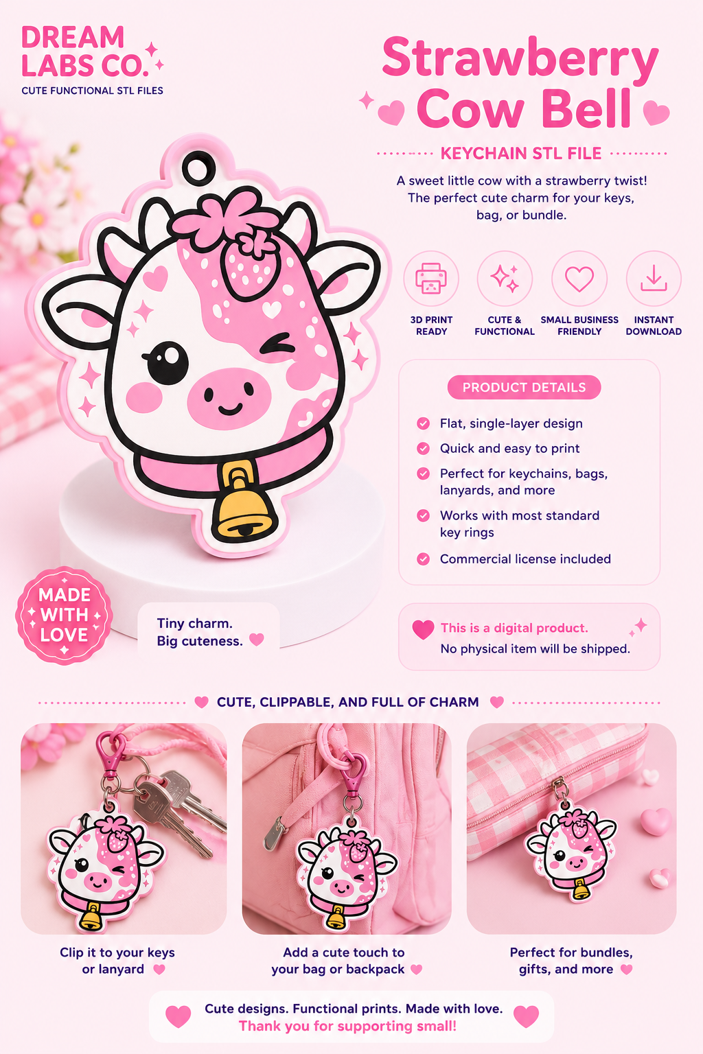 Strawberry Milk Cow Keychain